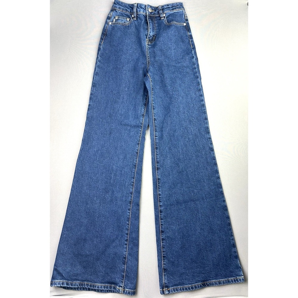 Princess Polly Juniors 2 TALL 22 Waist Wide Leg Boot Cut Dark Wash Denim Jeans‎